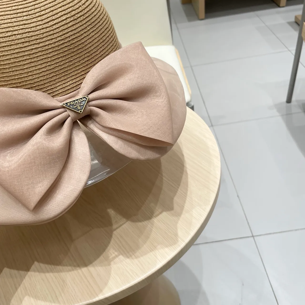 Prada Beige Pink Woven Straw Crown Wide Brim Fedora