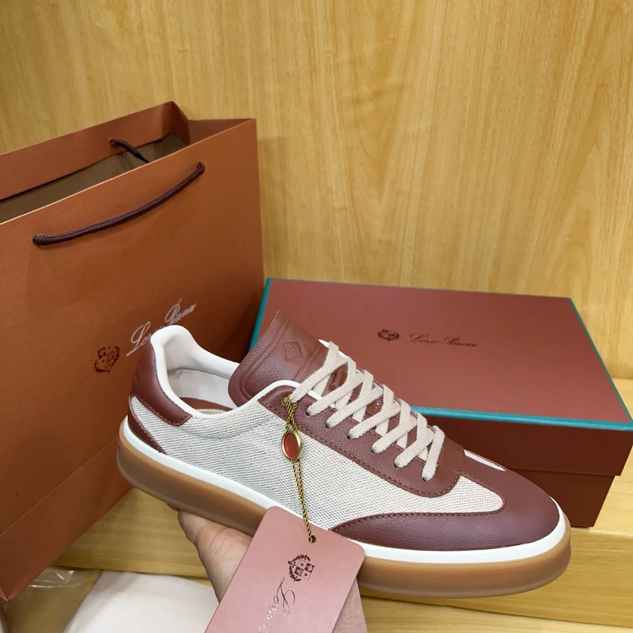 Loro Piana Beige Brown Mixed-Material Upper Leather-and-Textile Paneling Sneakers