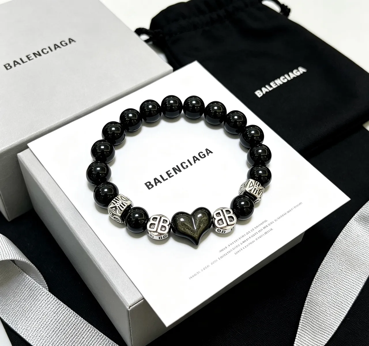 Balenciaga Black Bead and BB Charm Bracelet