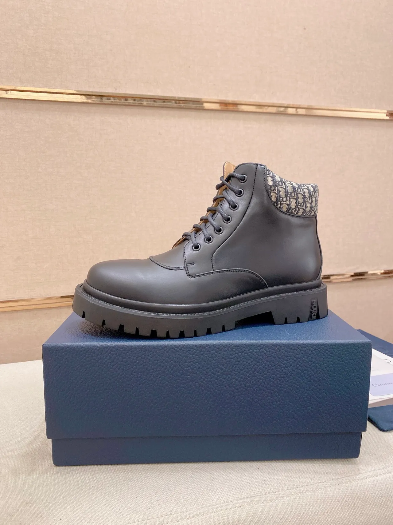Dior Black Beige Leather Upper Lug Sole Ankle Boots