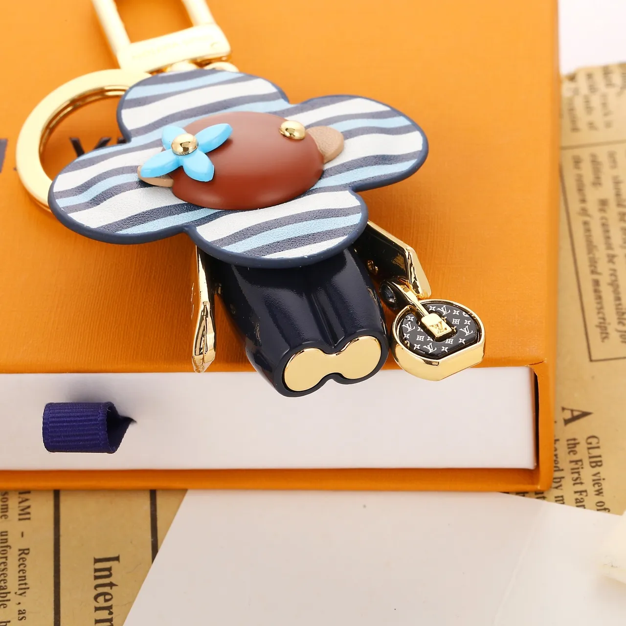 Louis Vuitton Flower Charm Blue Brown Striped Leather Gold-Tone Hardware Handbag