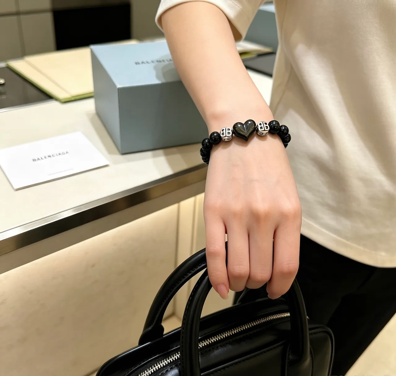 Balenciaga Black Bead and BB Charm Bracelet