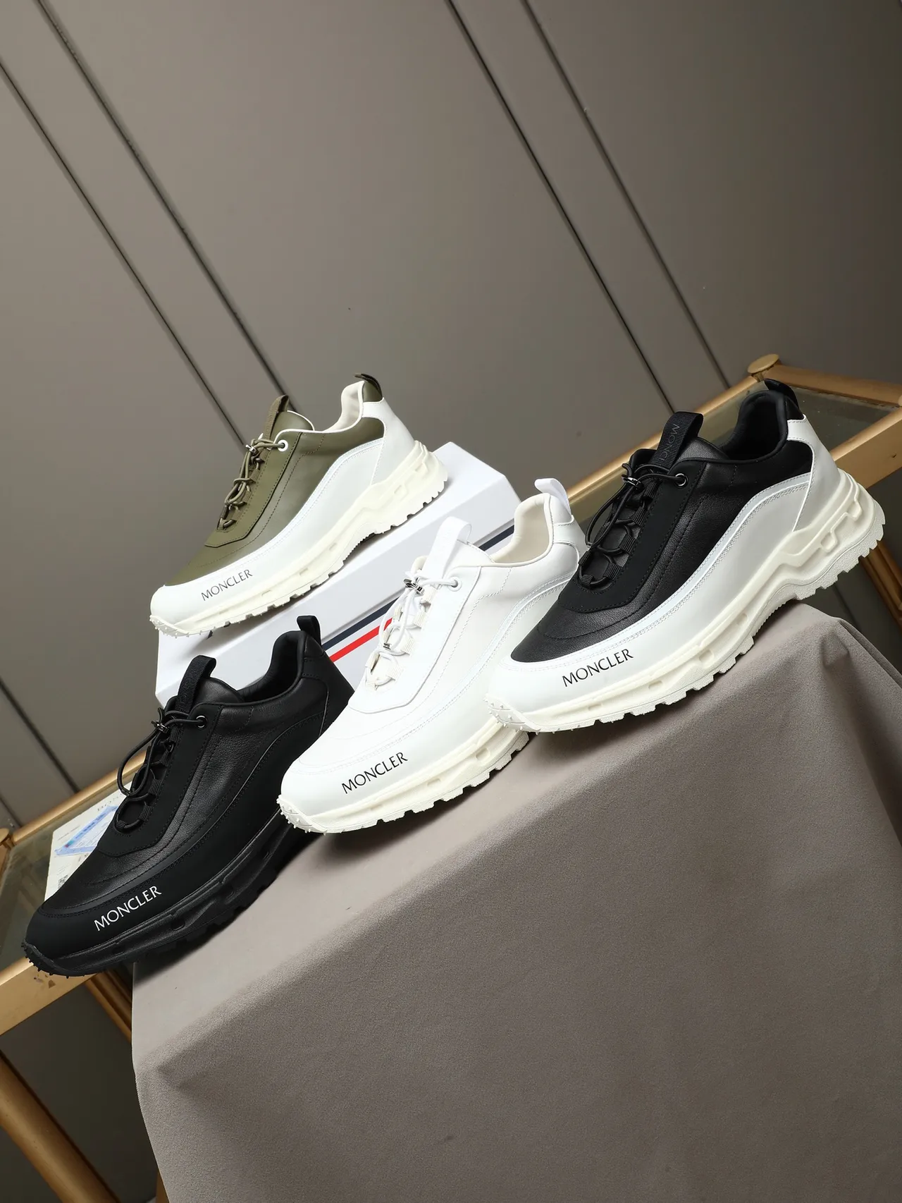 Moncler Olive Green and White Leather-Paneled Lifestyle Sneakers