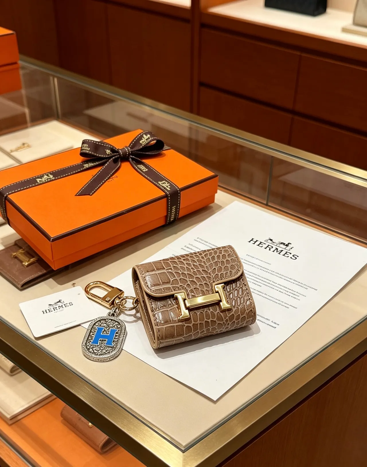 Hermès Beige Gold Crocodile-Embossed Leather H-Turnlock Clasp Coin Purse