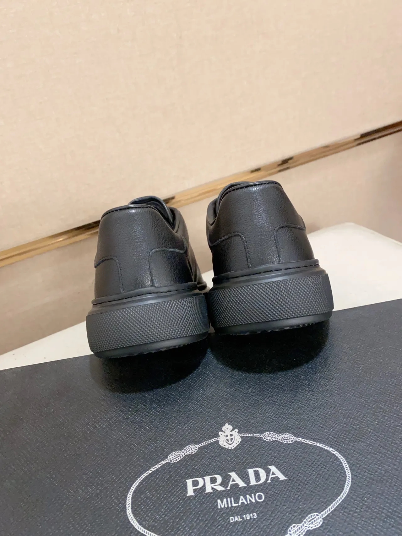 Prada Black Red Leather Upper Triangular Metal Logo Plaque Lifestyle Sneakers