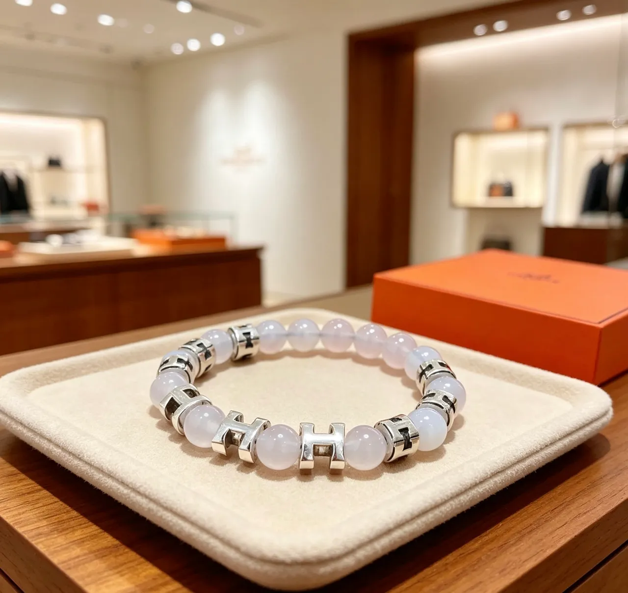 Hermès Beige Silver Beaded H-Motif Charms Bracelet