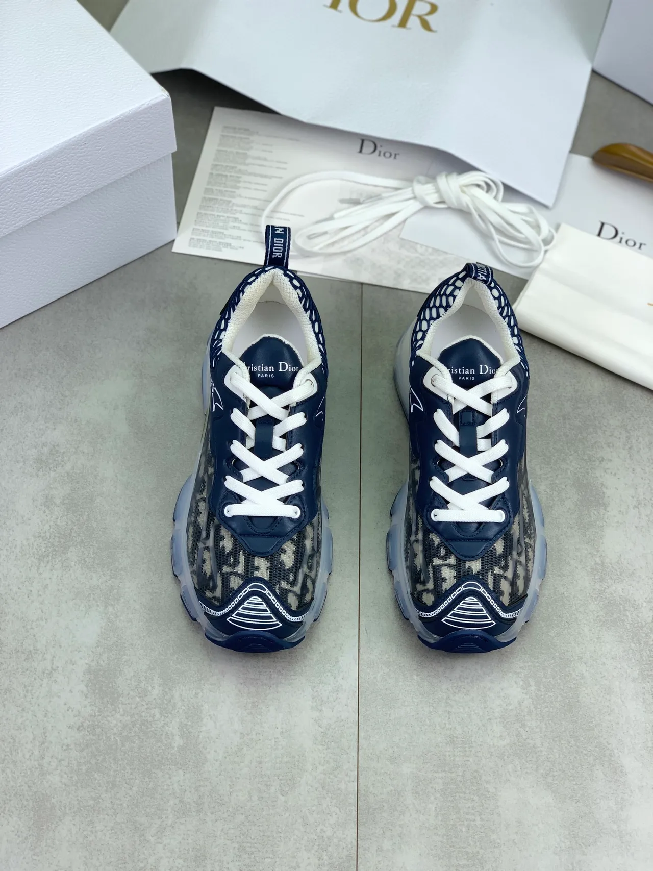 Dior Navy White Transparent Sole Monogrammed Mesh Upper Chunky Sneakers