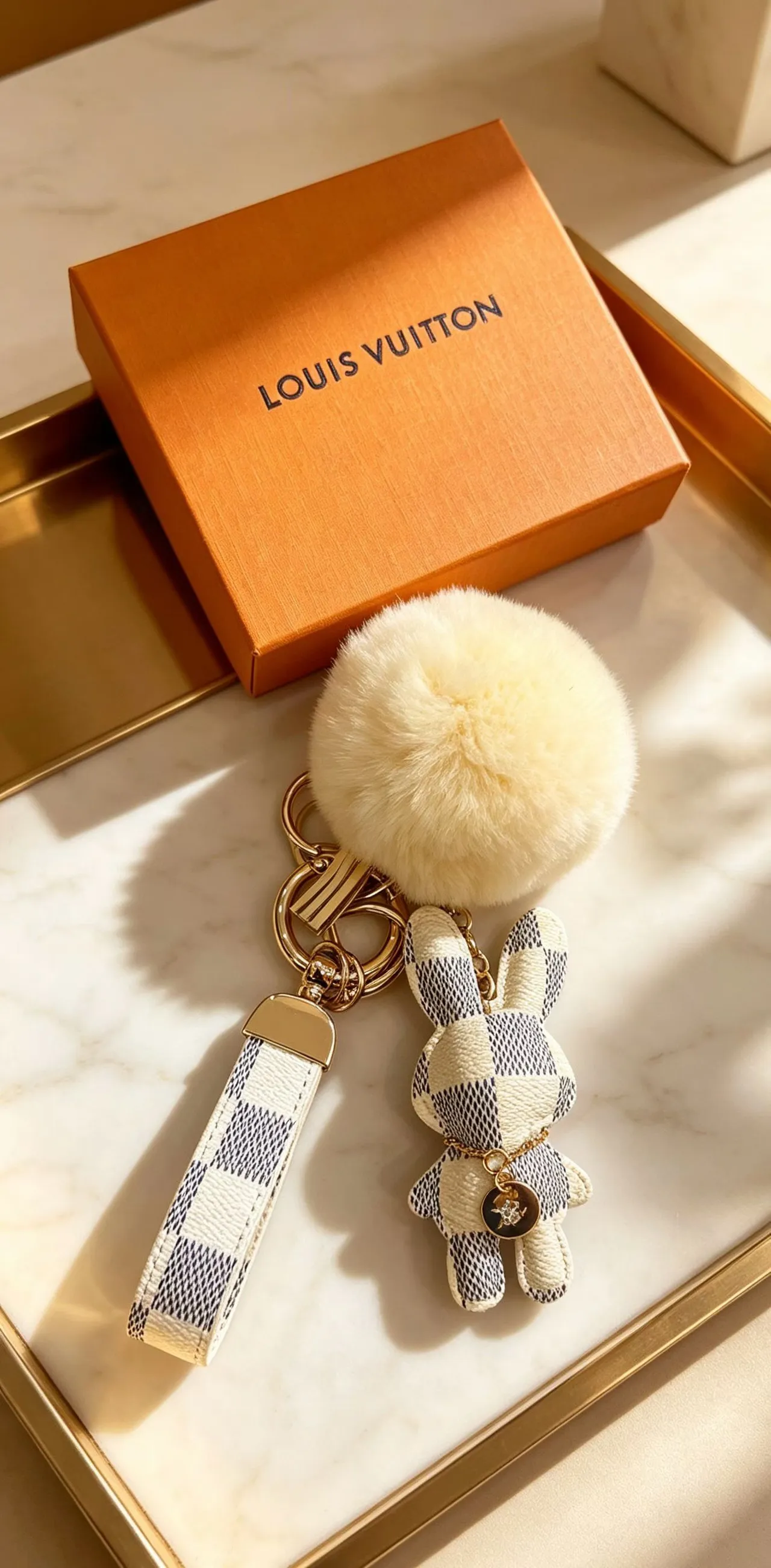 Louis Vuitton Teddy Bear Beige Black Damier Check Leather Pom-Pom Accent Phone Accessory