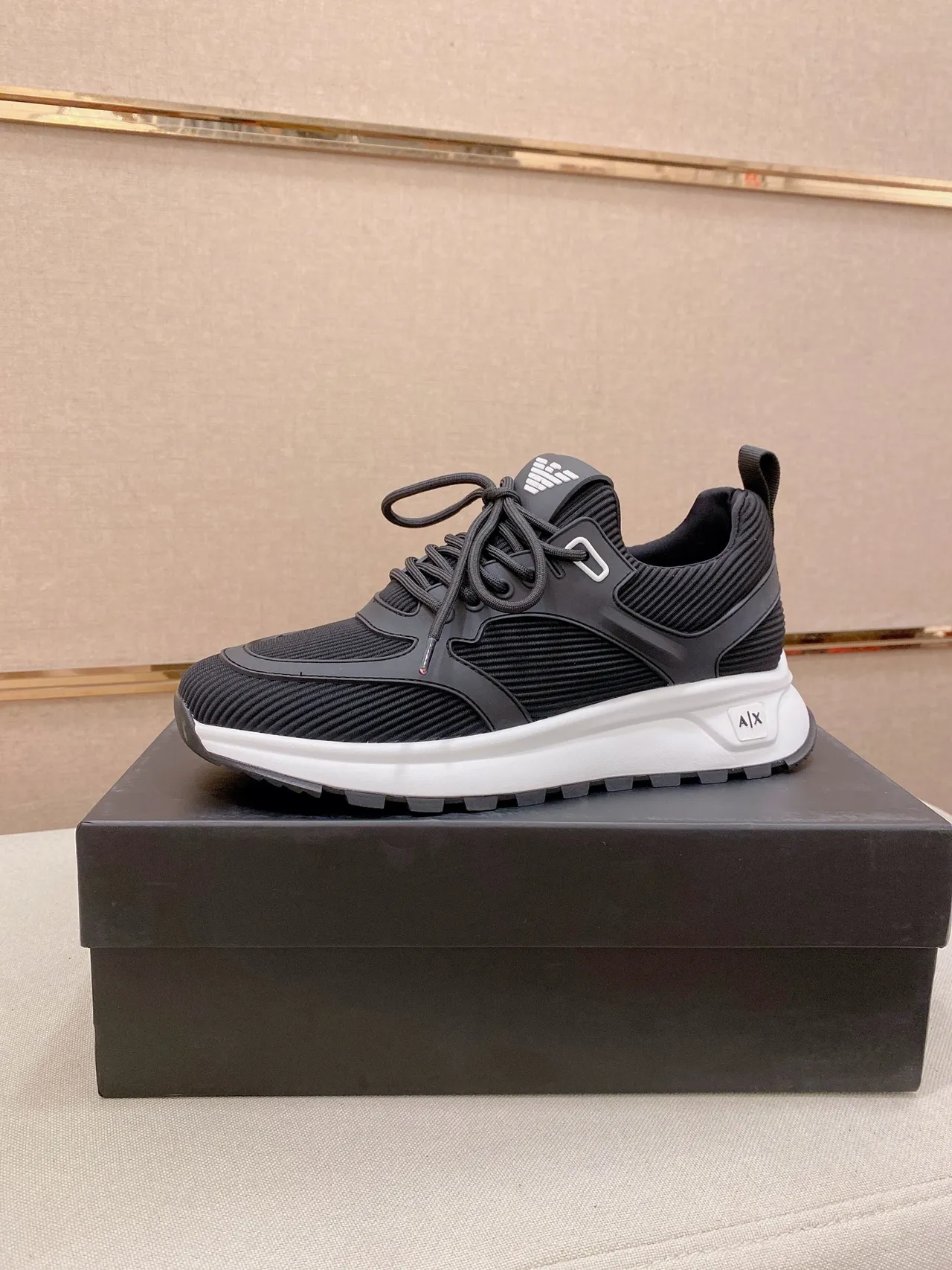 Armani Exchange Black and White Ribbed Knit Chunky Sneakers