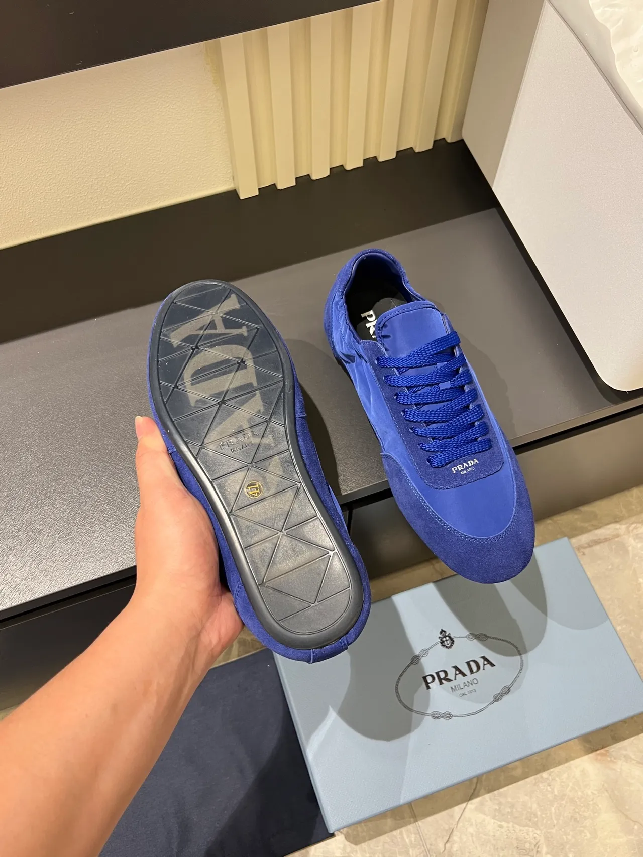 Prada Blue Monochromatic Nylon And Suede Mix Lifestyle Sneakers