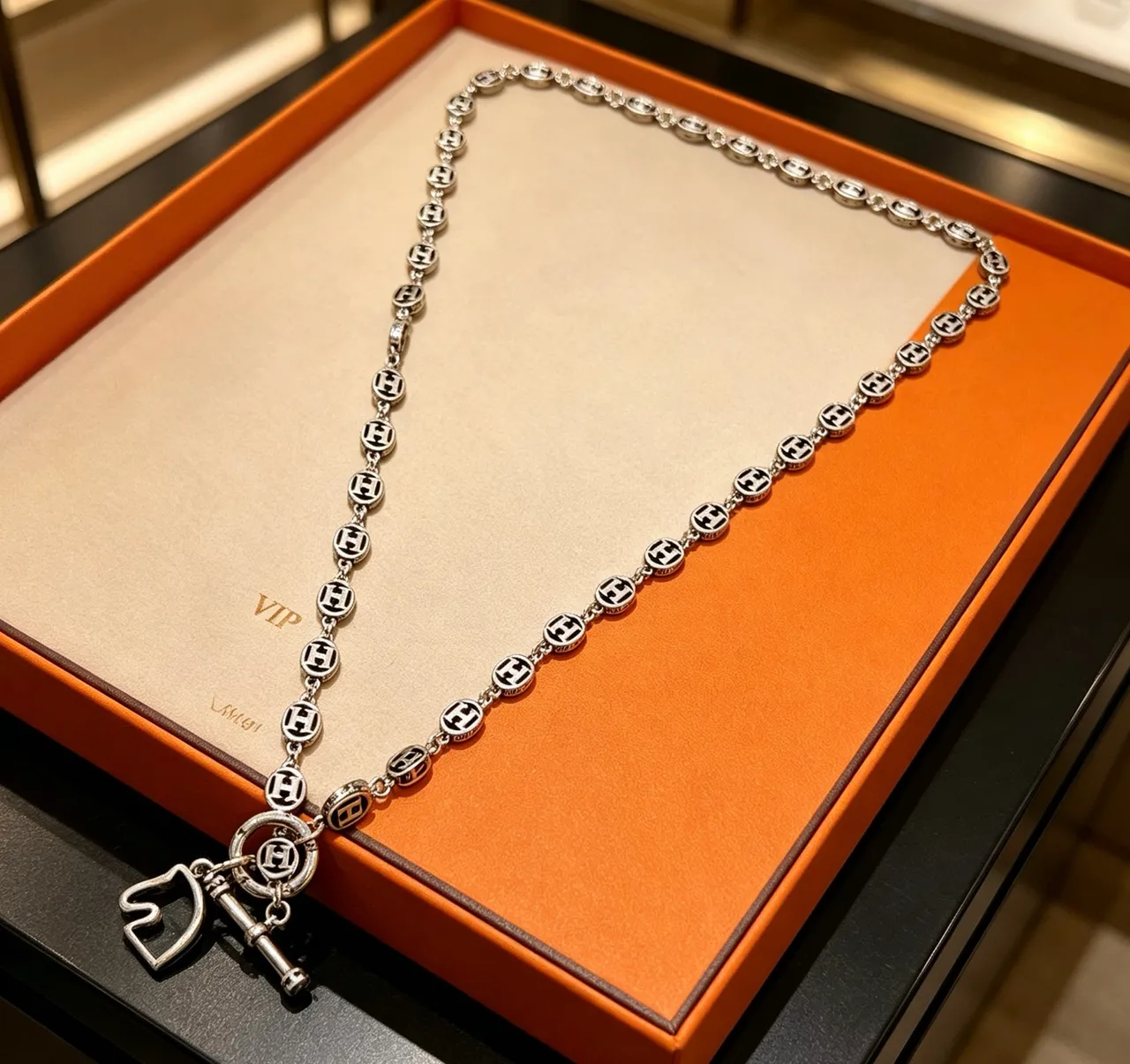 Hermès Silver Black Logo-Link Chain Necklace