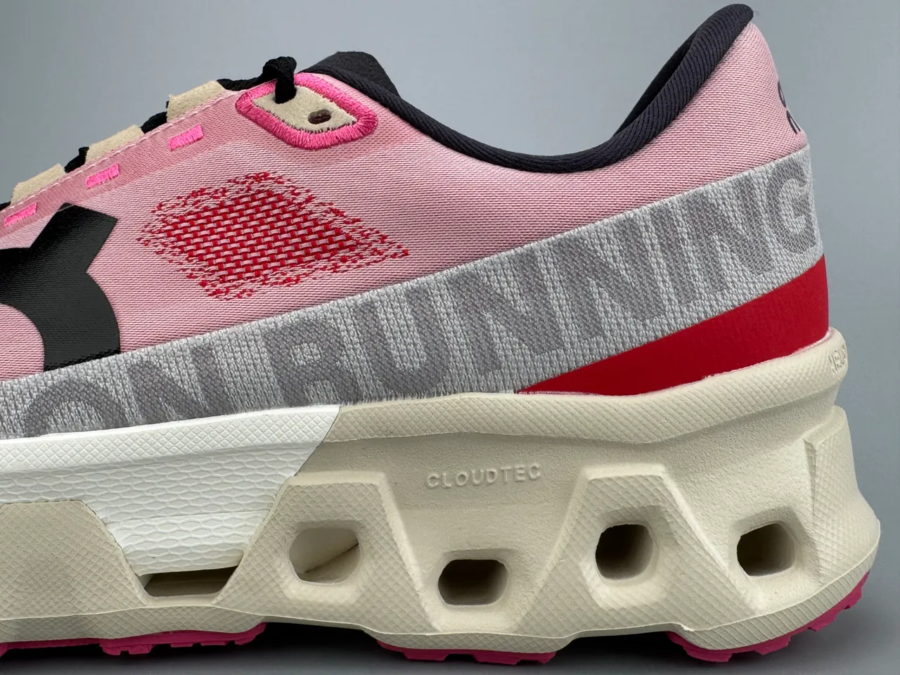 On Pink Red Engineered Mesh Upper Open Hexagonal CloudTec Midsole Running Shoes