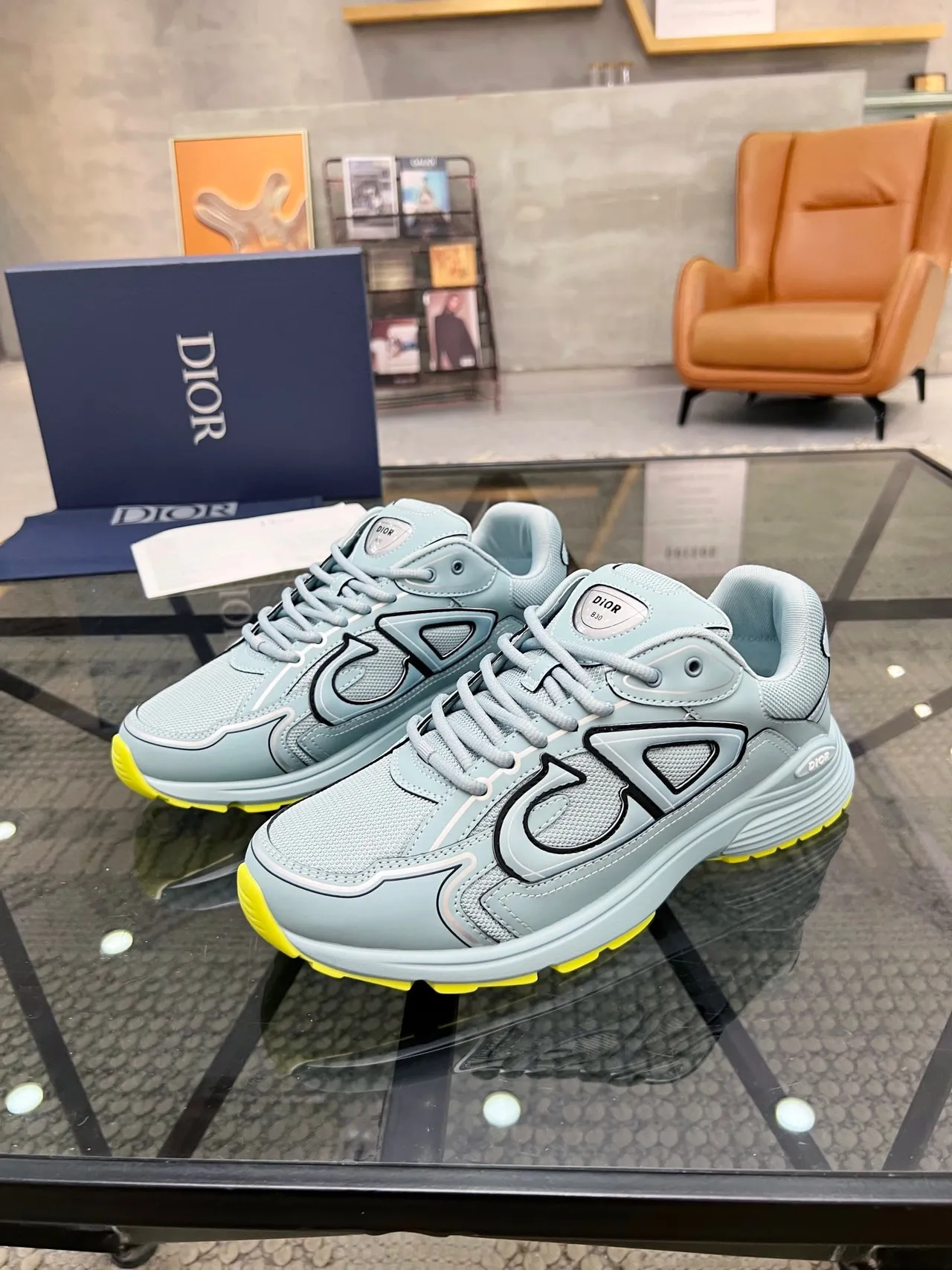 Dior B23 Oversized CD Logo Light Gray and Yellow Chunky Sneakers