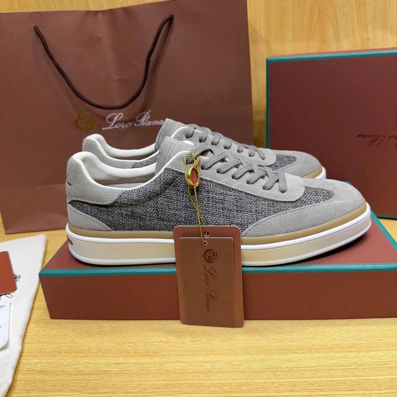 Loro Piana Gray Suede and Woven Textile Low-Top Lifestyle Sneakers