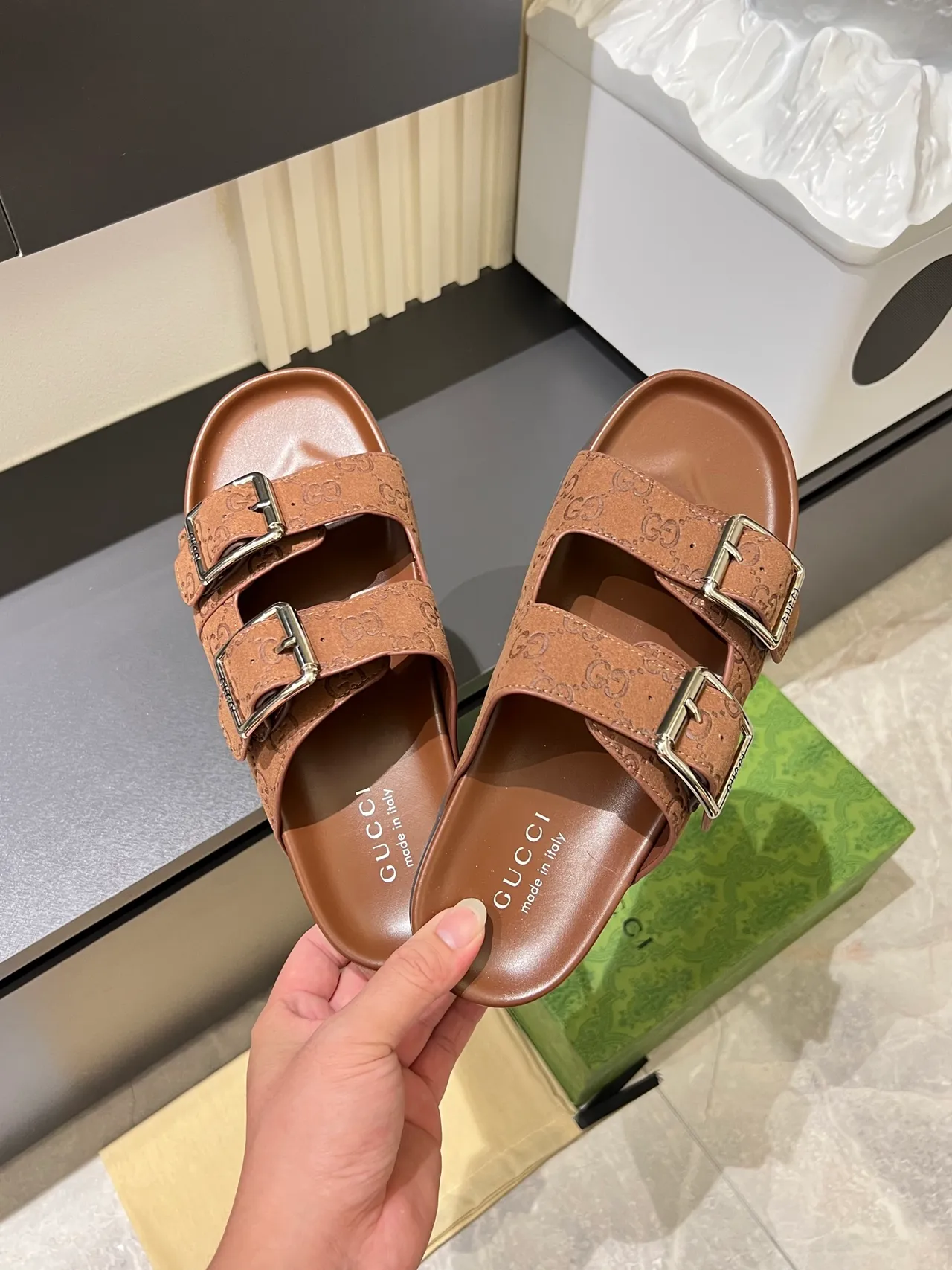 Gucci Screener Embossed GG Buckle Slide Casual Sandals