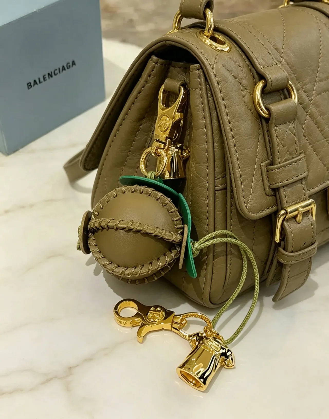 Balenciaga Beige Green Spherical Leather Rope-Woven Band Handbag