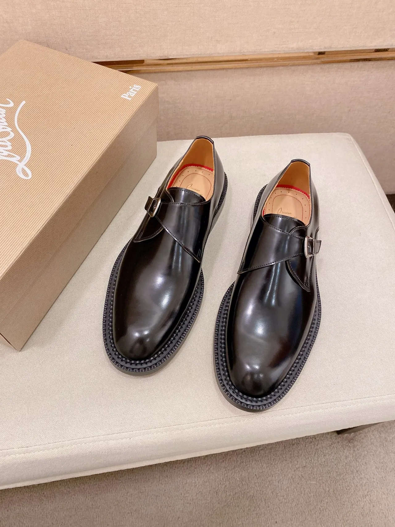 Black Beige Glossy Leather Single Strap Monk Shoes