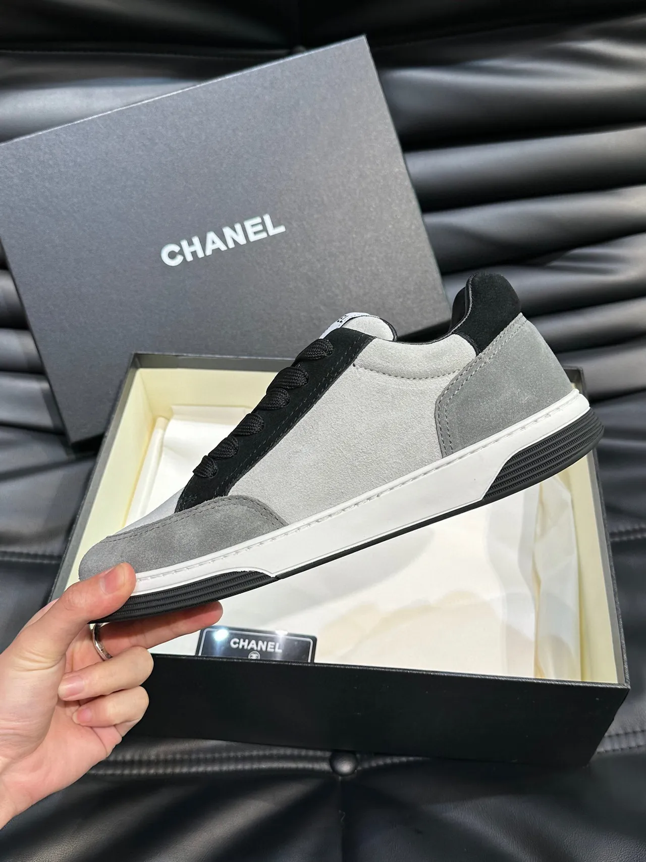 Chanel Gray Black Low-Top Suede-and-Leather Panelled Sneakers