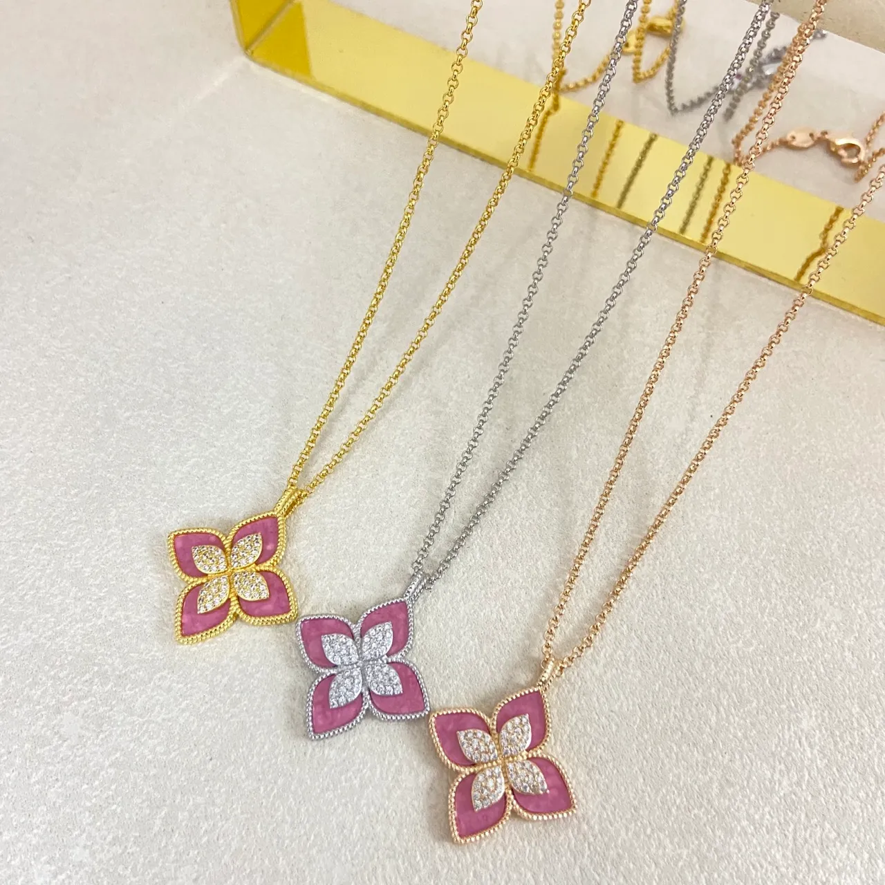 Floral Quatrefoil Enamel and Crystal Pendant Necklaces