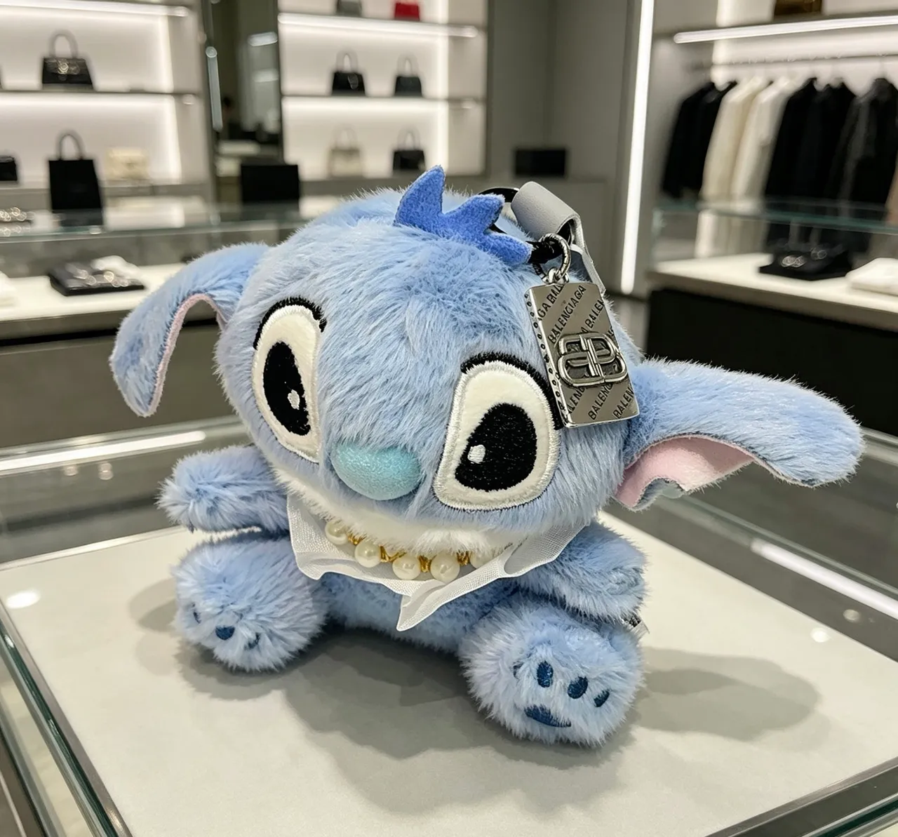 Blue White Plush Stuffed Character Pearl-Trimmed Collar Handbag