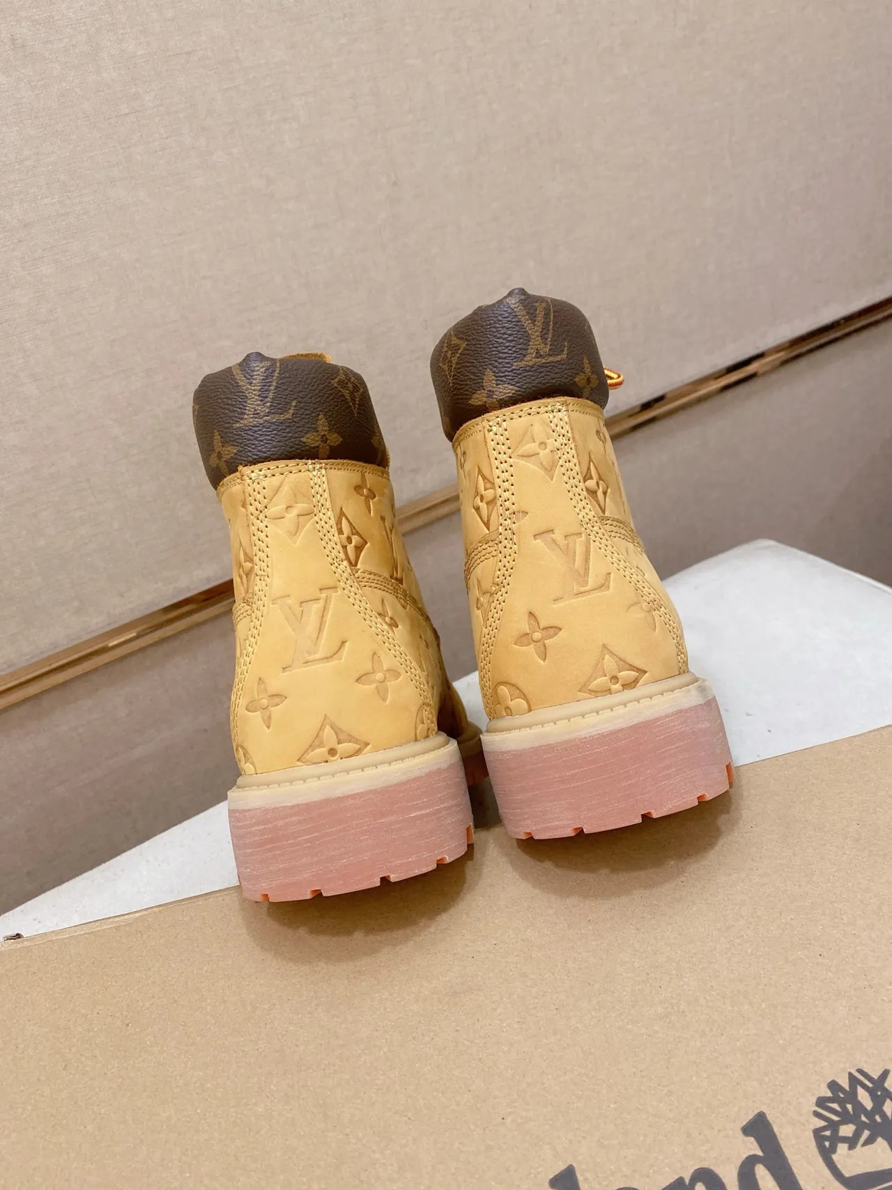 Louis Vuitton Monogram-Embossed Boot Beige Pink High-Top Lace-Up Work Boots