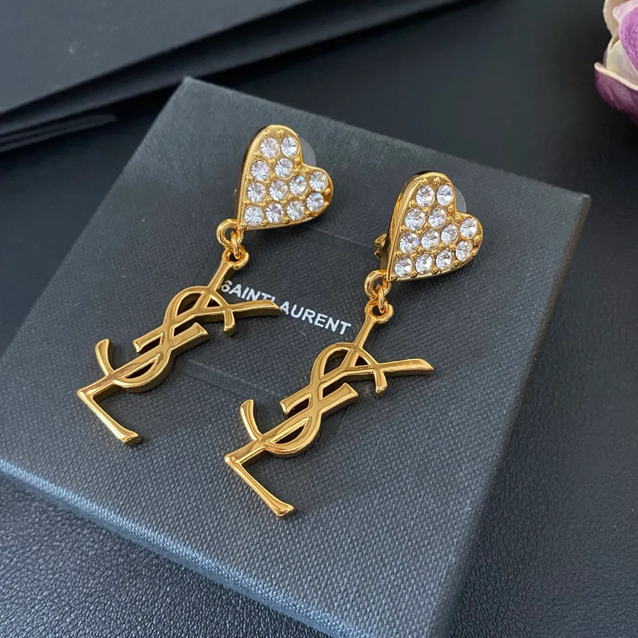 Saint Laurent Heart Crystal and Monogram Dangling Earrings