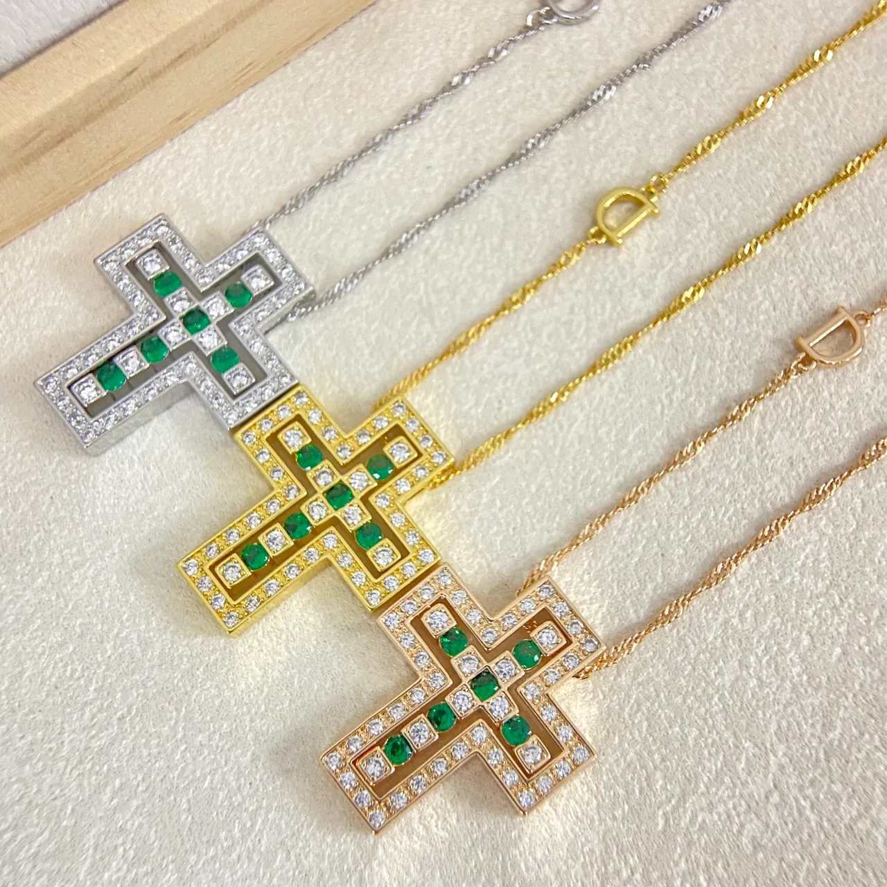 Gold Multicolor Geometric Cross Pendant Pavé-Set Stones Necklace