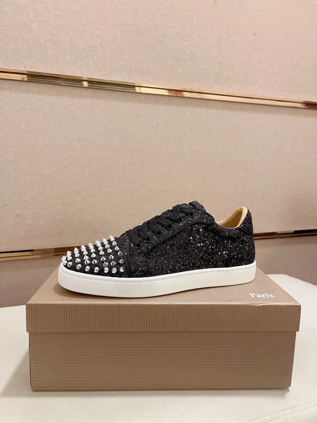 Christian Louboutin Black White Glitter Upper Studded Toe Cap Lifestyle Sneakers