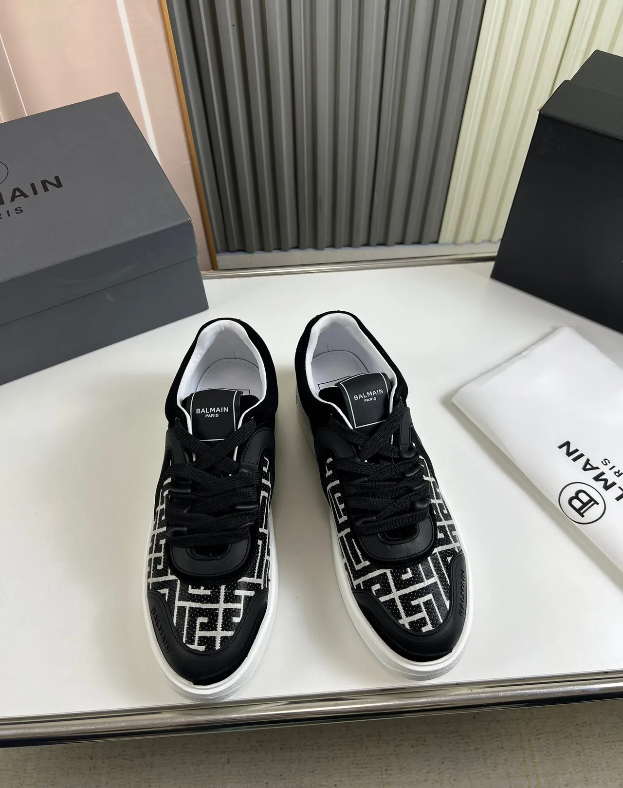 Balmain Le City Black White Monogrammed Side Panel Sculpted Overlays Lifestyle Sneakers