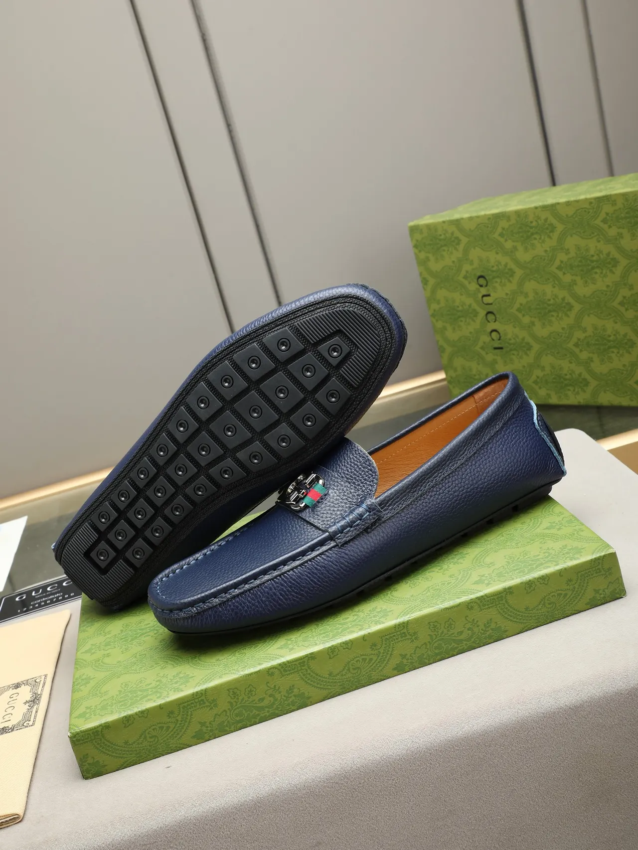 Gucci Horsebit 1955 Navy Blue Pebbled Leather Loafers