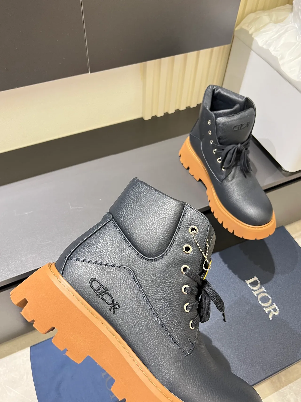 Dior Black Beige Pebbled Leather Tan Lug Sole Ankle Boots
