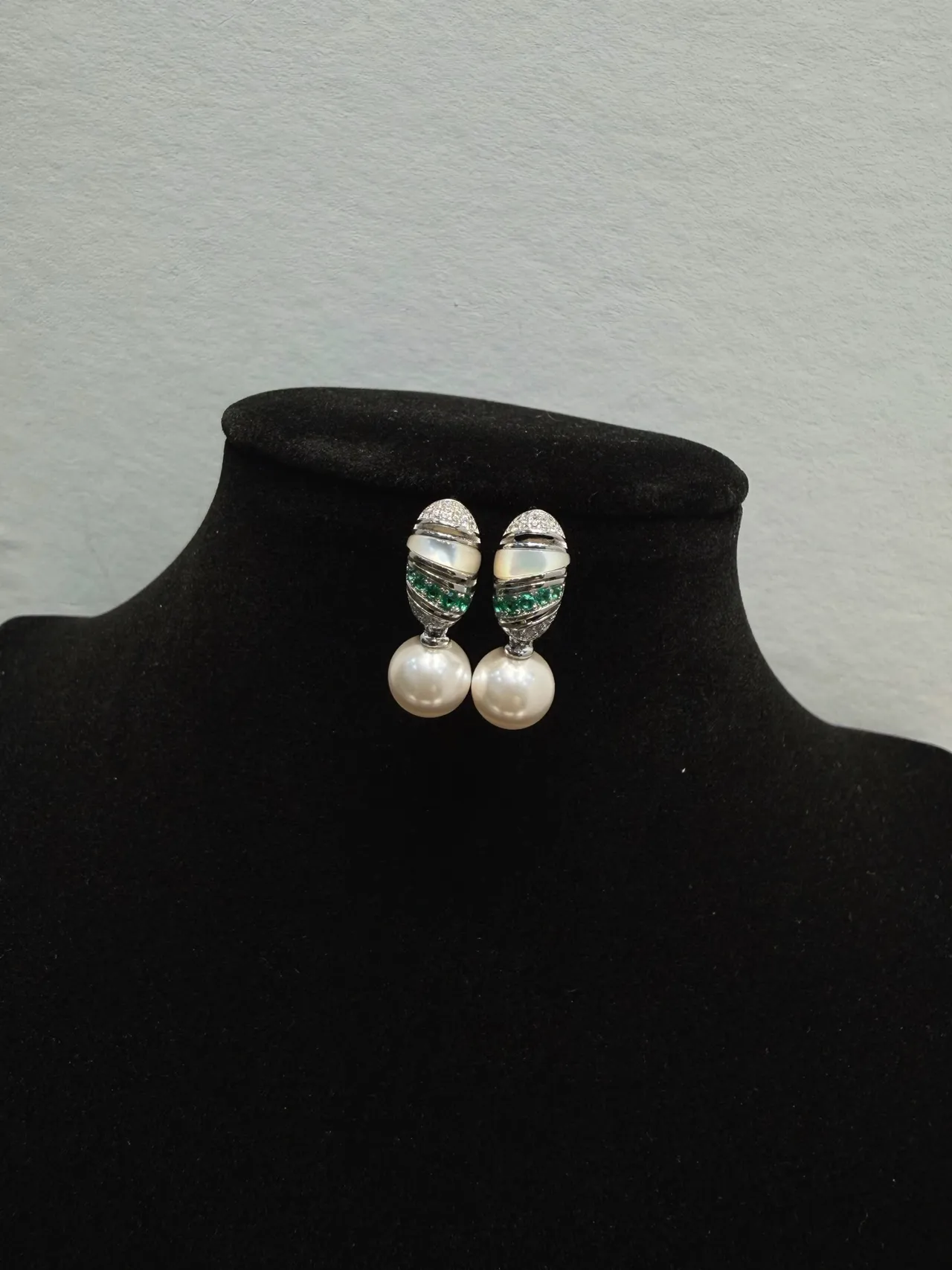 White Green Dangling Pearl-Drop Earrings