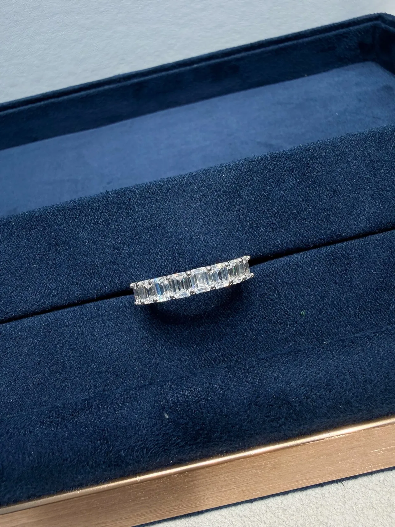 Tiffany & Co. Silver Navy Emerald-Cut Diamonds Shared-Prong Setting Ring