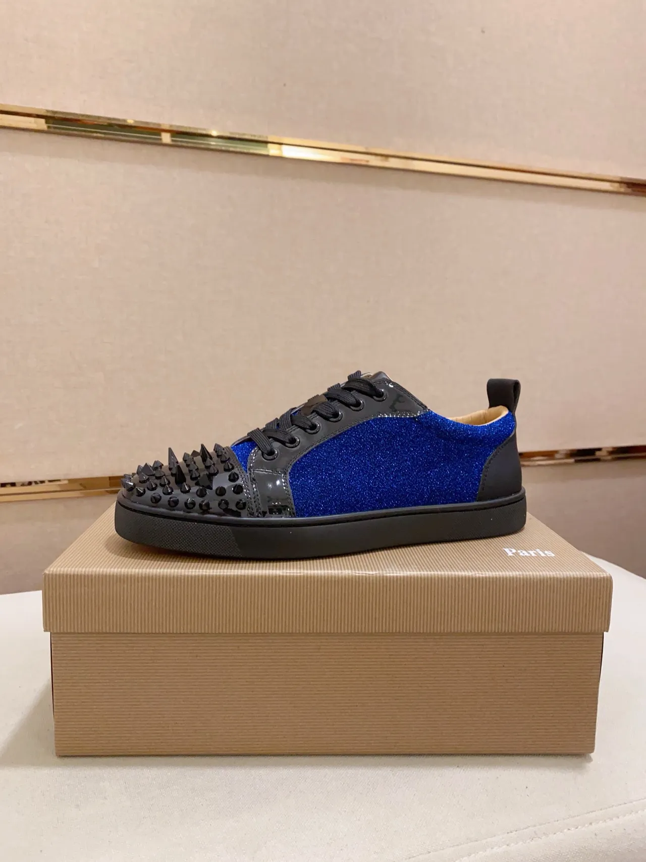 Christian Louboutin Spike Blue Glitter and Black Patent Lifestyle Sneakers