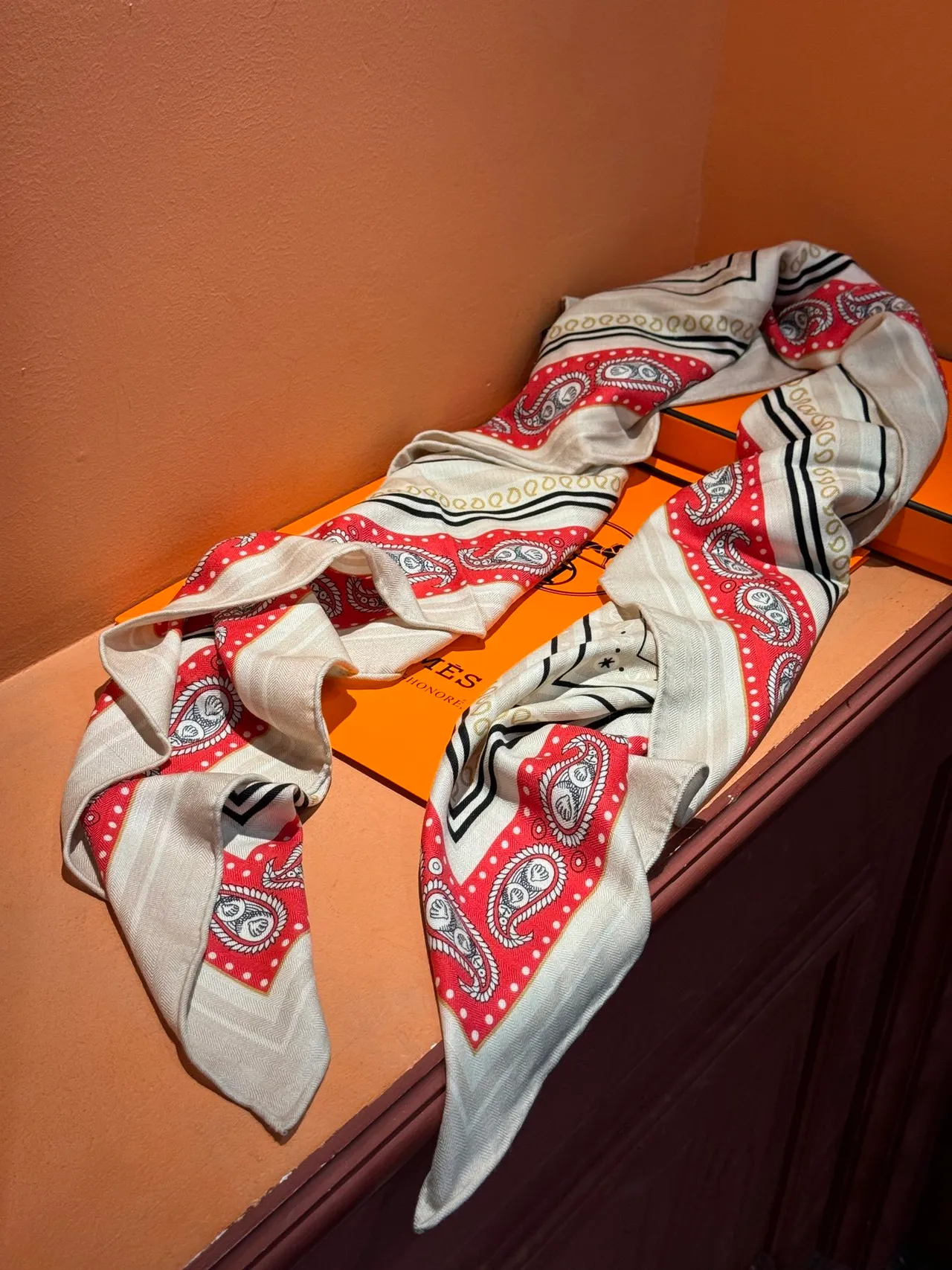 Hermès Beige Red Square Illustrated Maritime Map Silk Scarf