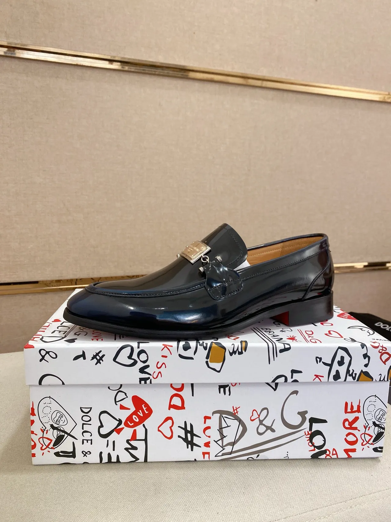 Dolce & Gabbana Navy Gold Patent Leather Metal Horsebit Ornament Loafer