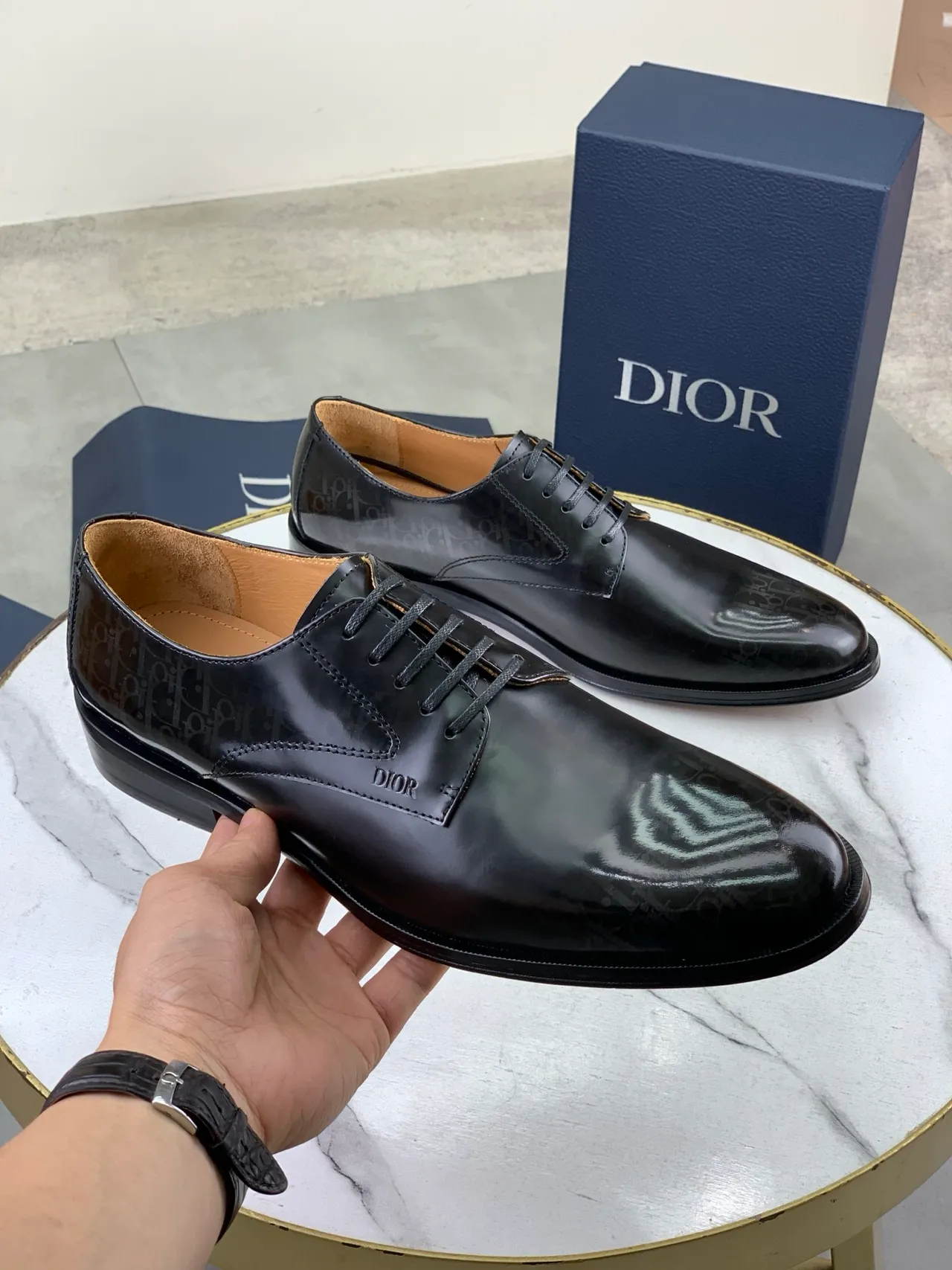 Dior Black Brown Glossy Leather Cap-Toe Oxford Shoes