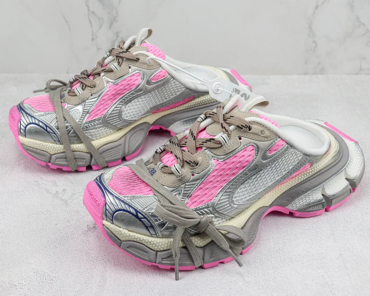 New Balance Silver Pink Chunky Layered Sole Metallic Mesh And Synthetic Upper Sneakers