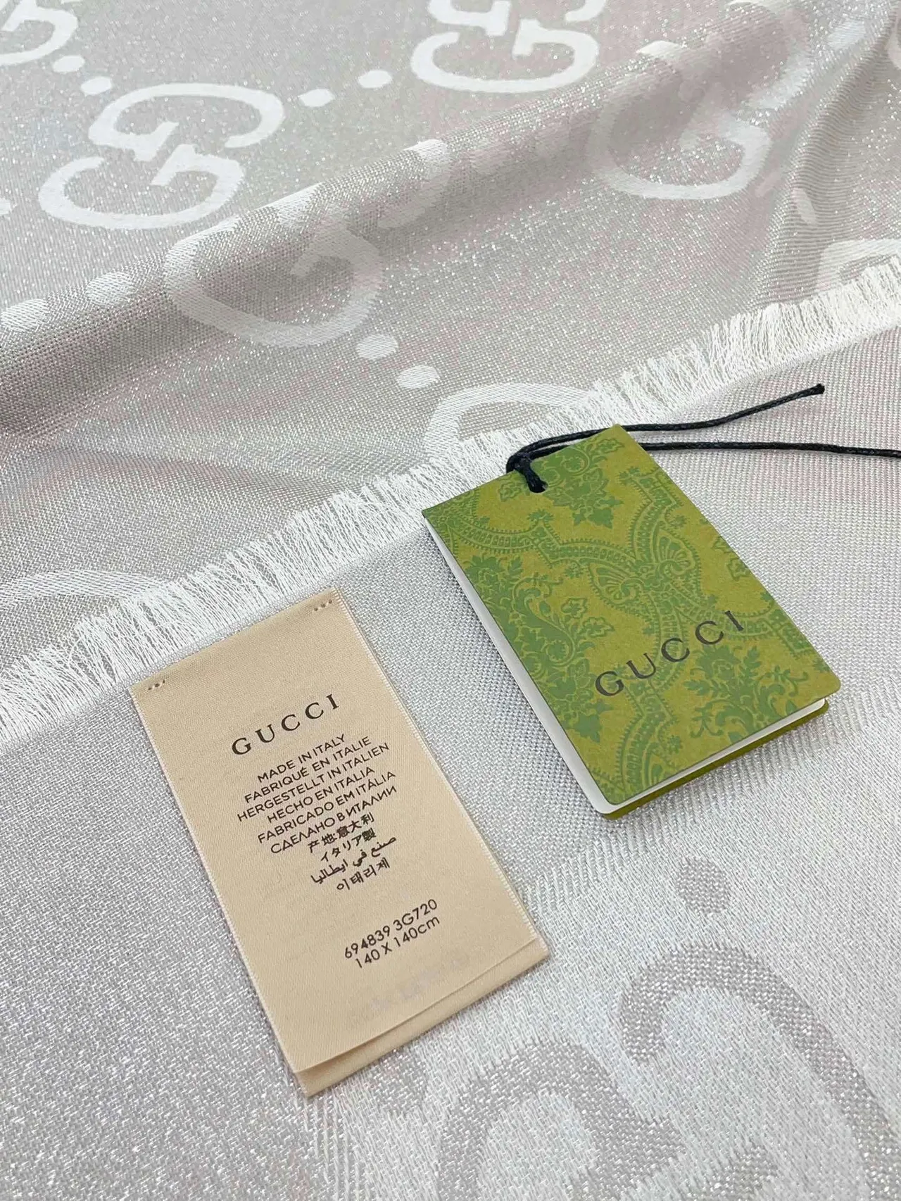 Gucci Monogram-Printed Light Gray Silk Scarf