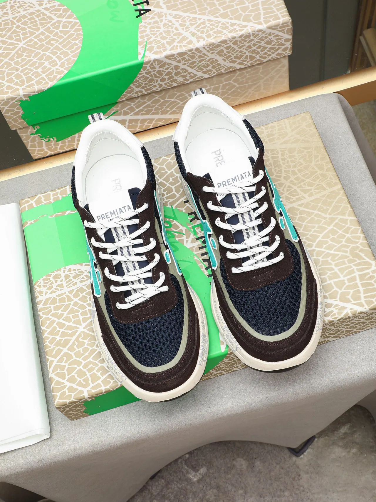 Premiata Cross Logo Brown Navy Turquoise Lifestyle Sneakers