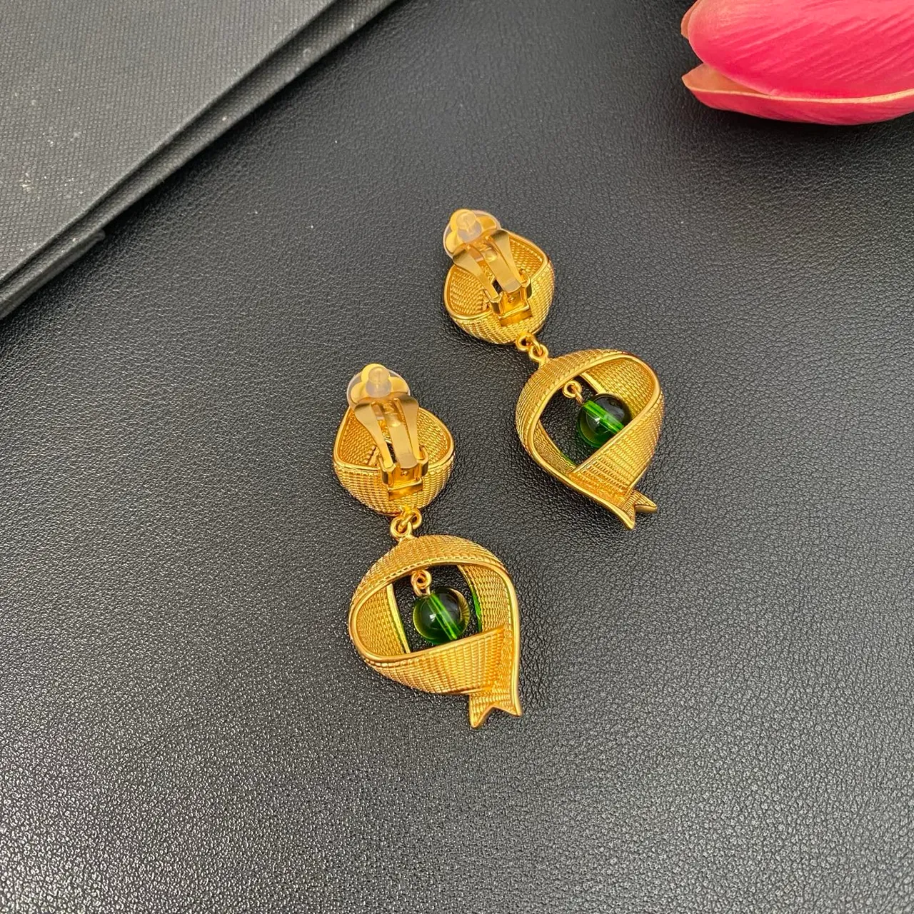 Saint Laurent Gold Green Textured Finish Asymmetrical Ribbon-Like Frame Earrings