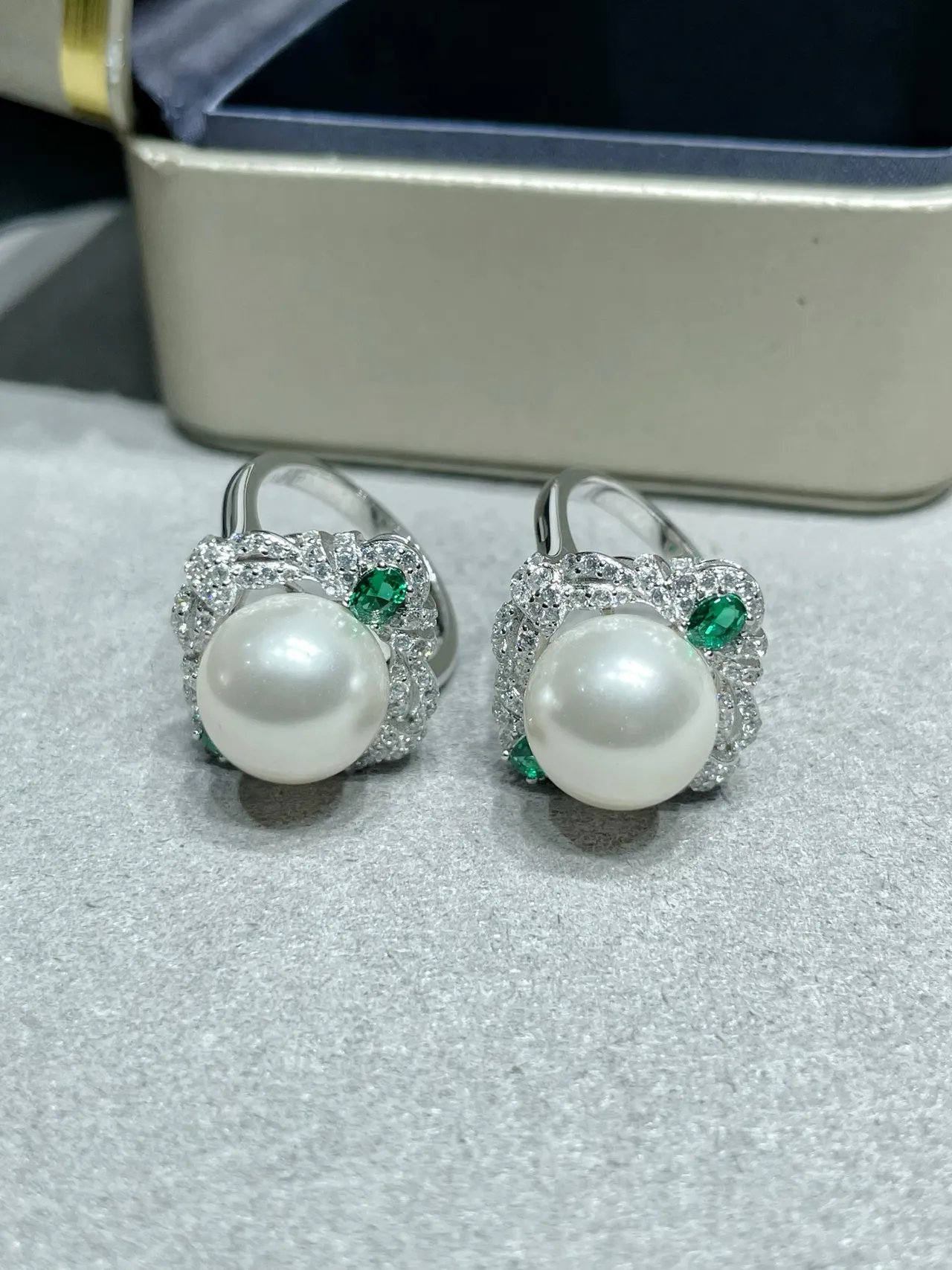 Pearl and Emerald Pavé Halo Earrings