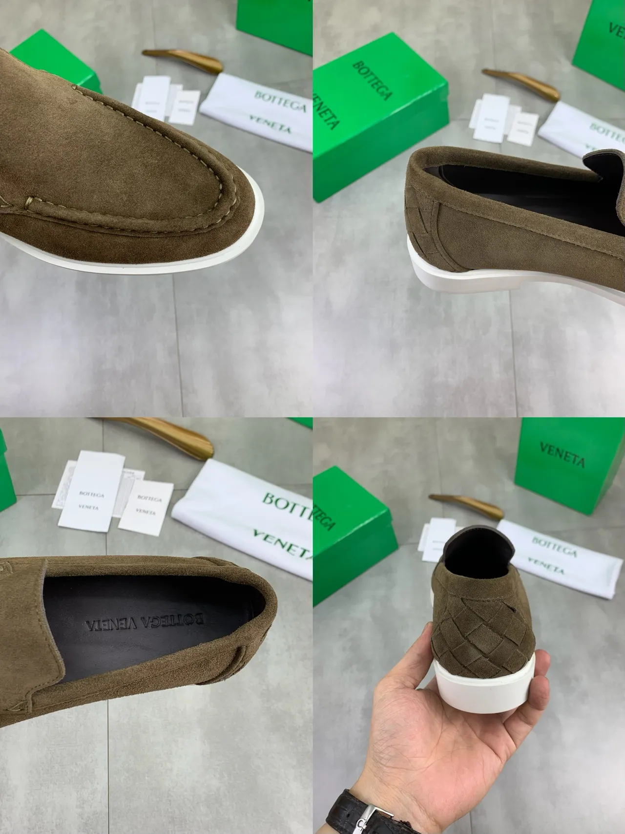 Bottega Veneta Brown White Suede Upper Moc-Toe Stitching Loafer