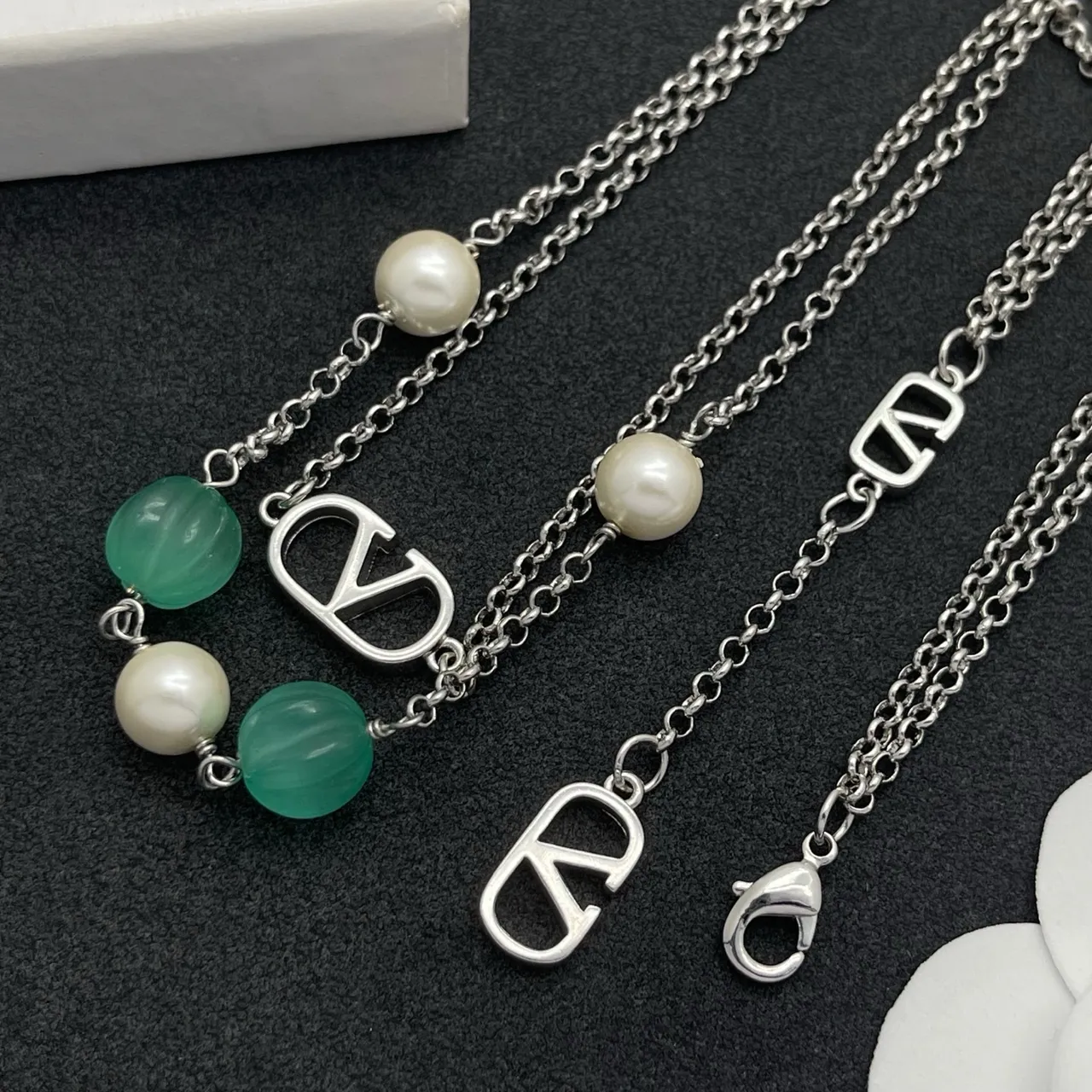 Valentino VLogo Double-Layer Pearl and Chalcedony Necklace