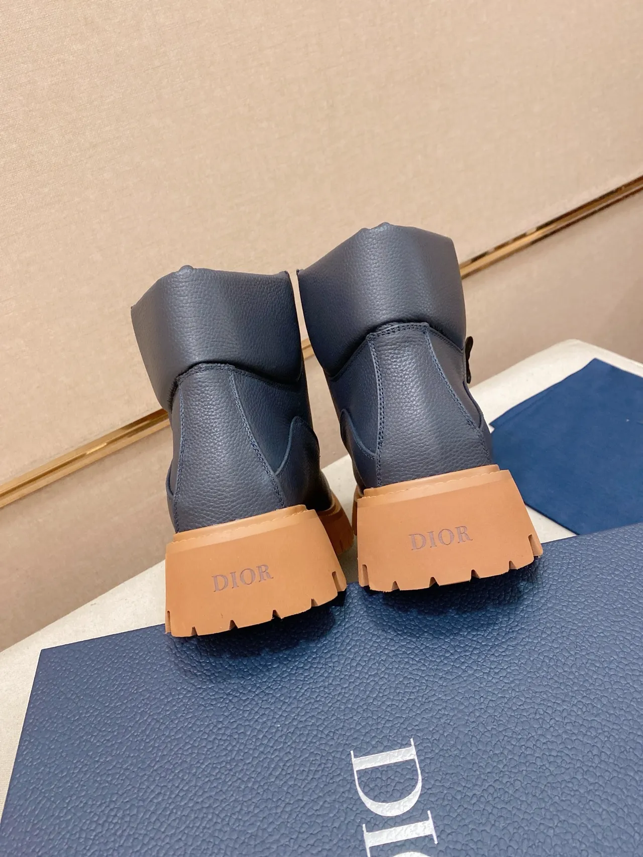 Dior Navy Beige Pebbled Leather Chunky Lug Sole Work Boots