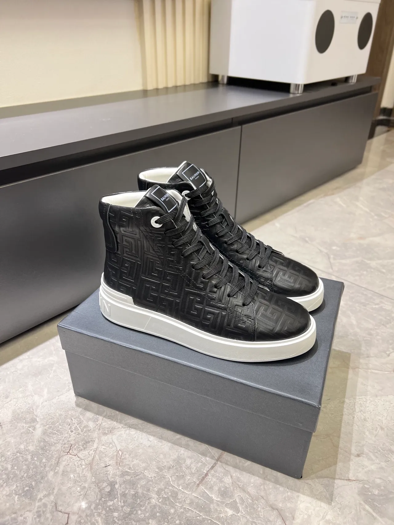 Balmain Black White High-Top Embossed Logo Lifestyle Sneakers