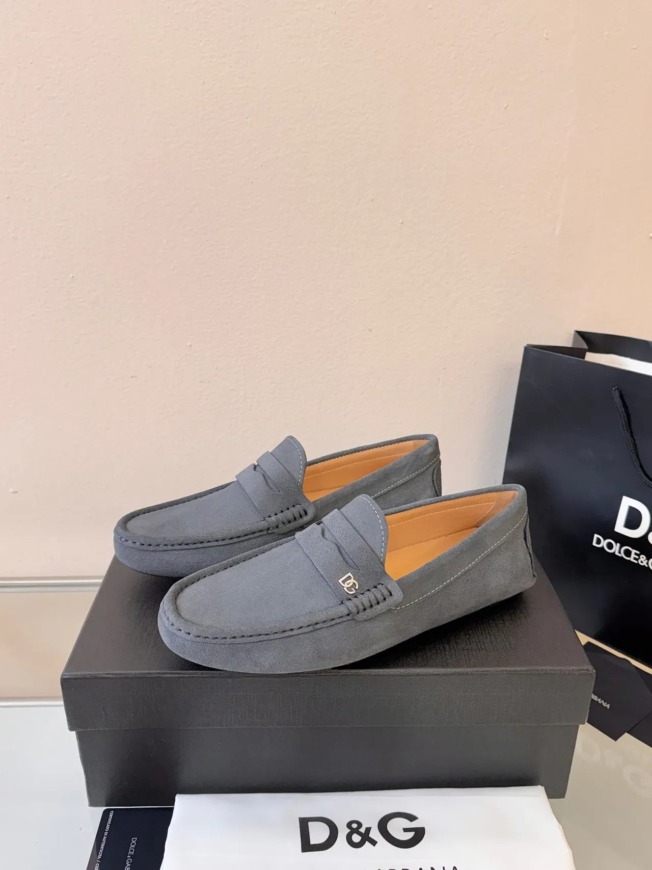Dolce & Gabbana Penny Loafer Gray Beige Suede Upper Strap Loafer