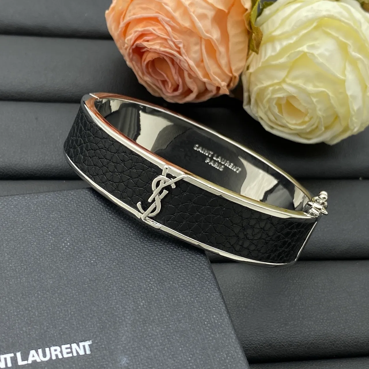 Saint Laurent Black Gold Monogrammed Leather-Inlay Bracelet