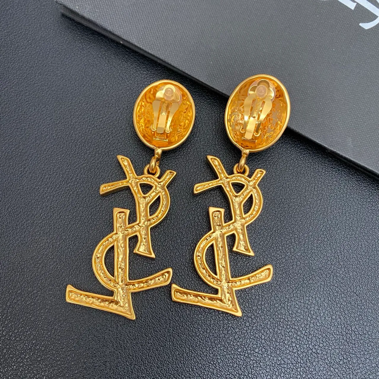 Saint Laurent YSL Monogram Pavé Crystal Gold Dangling Earrings