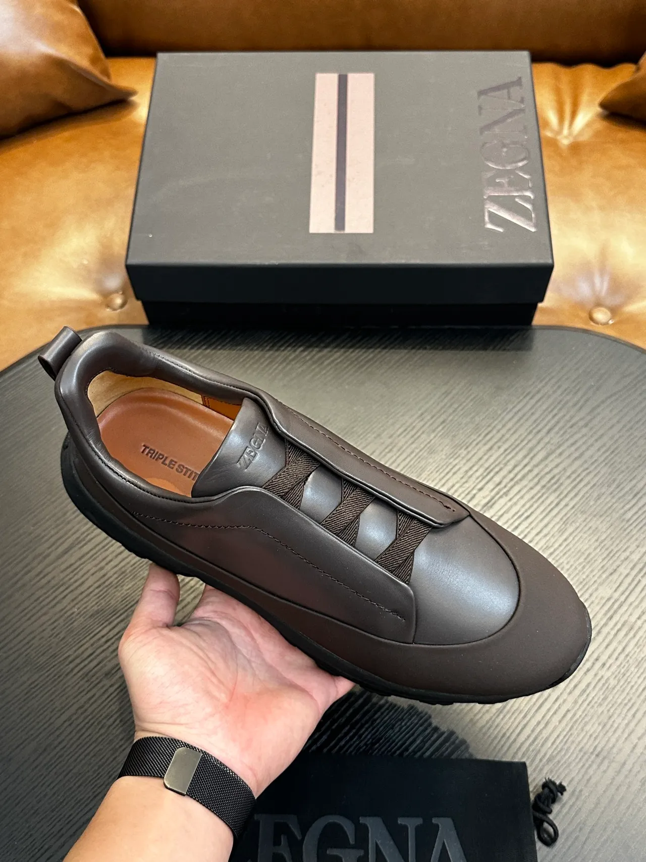 Zegna Gray Black Slip-On Leather Upper Sneakers